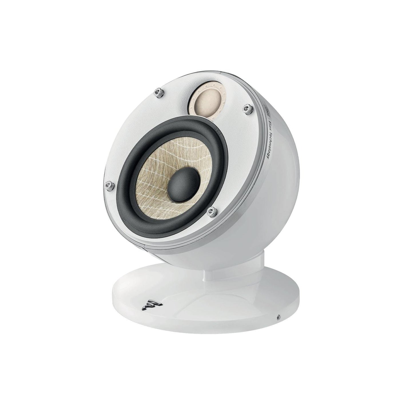 El Focal Dôme Flax Sat 10 es un moderno altavoz blanco redondo con woofer y tweeter de textura textil, perfecto para cine en casa sobre un soporte a juego.