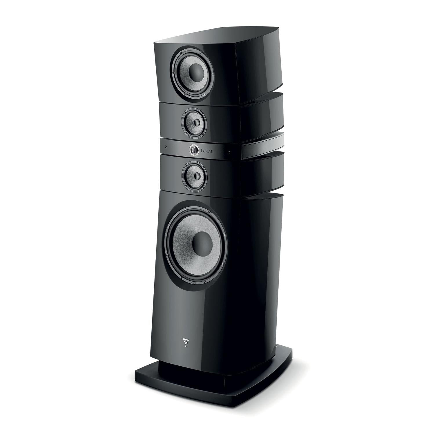 Die Focal Grande Utopia EM Evo ist ein moderner, schwarz glänzender HiFi-Lautsprecher mit vier Treibern, geschwungenen Kanten und einer stabilen, rechteckigen Basis.