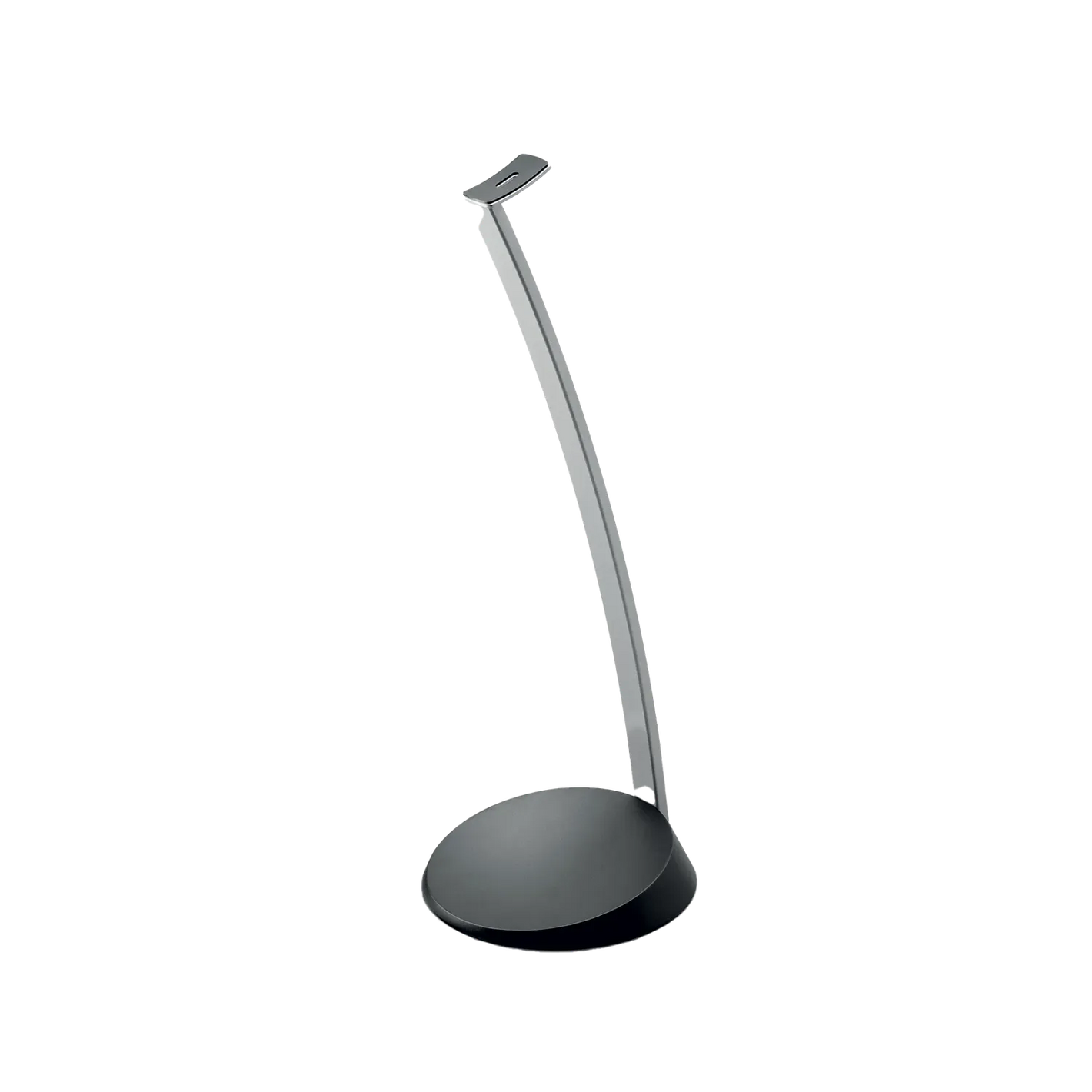 Un soporte para auriculares moderno y elegante con un brazo metálico curvado y una base negra redonda, perfecto para su configuración Focal Hip Evo Stativ.