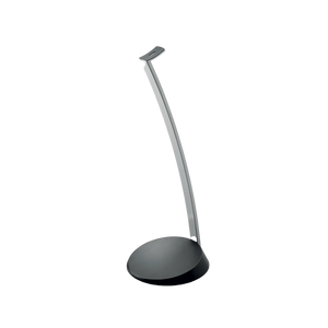 Un soporte para auriculares moderno y elegante con un brazo metálico curvado y una base negra redonda, perfecto para su configuración Focal Hip Evo Stativ.