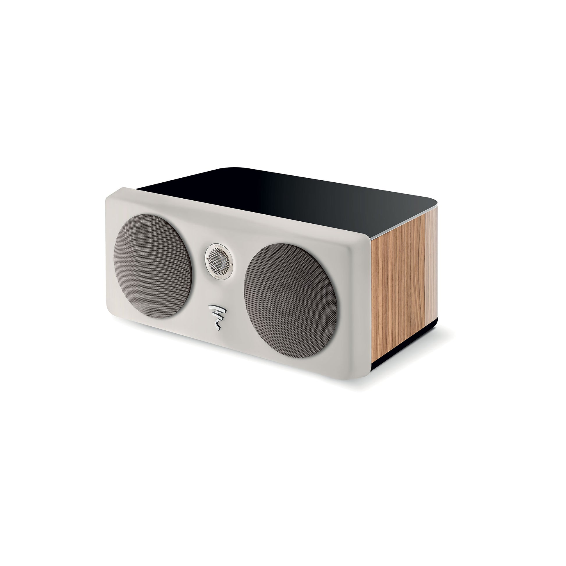Il Focal Kanta CC Center è un diffusore home theater rettangolare con frontale bianco, griglie grigie, lati in legno, top nero lucido e tecnologia Flax-Membran.