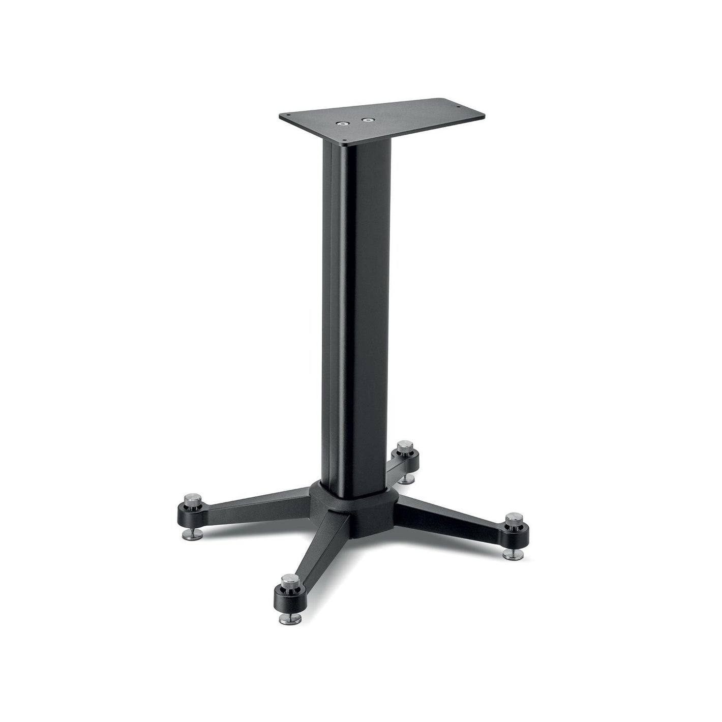 La Focal Kanta Center Stativ es una base de mesa de metal negro con una columna rectangular central y cuatro patas anchas y planas, perfecta como Lautsprecherständer.