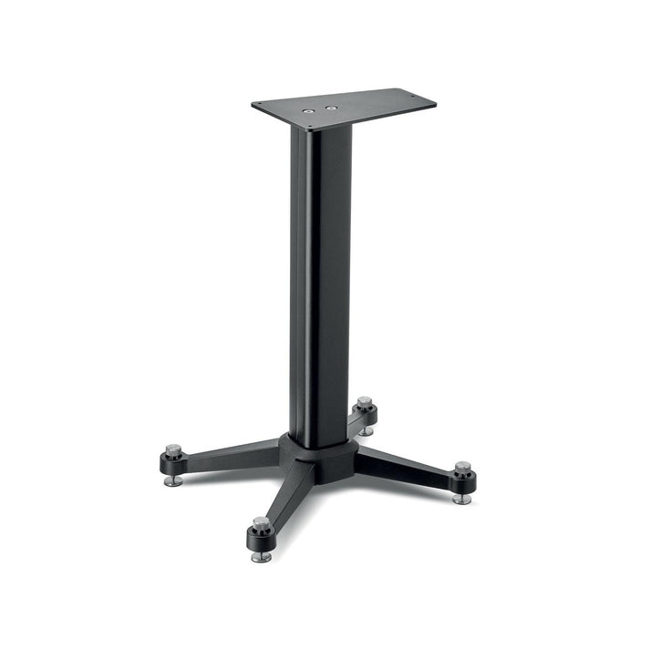 Der Focal Kanta Center Stativ ist ein schwarzer Metalltisch mit einer zentralen rechteckigen Säule und vier breiten, flachen Beinen, perfekt als Lautsprecherständer.