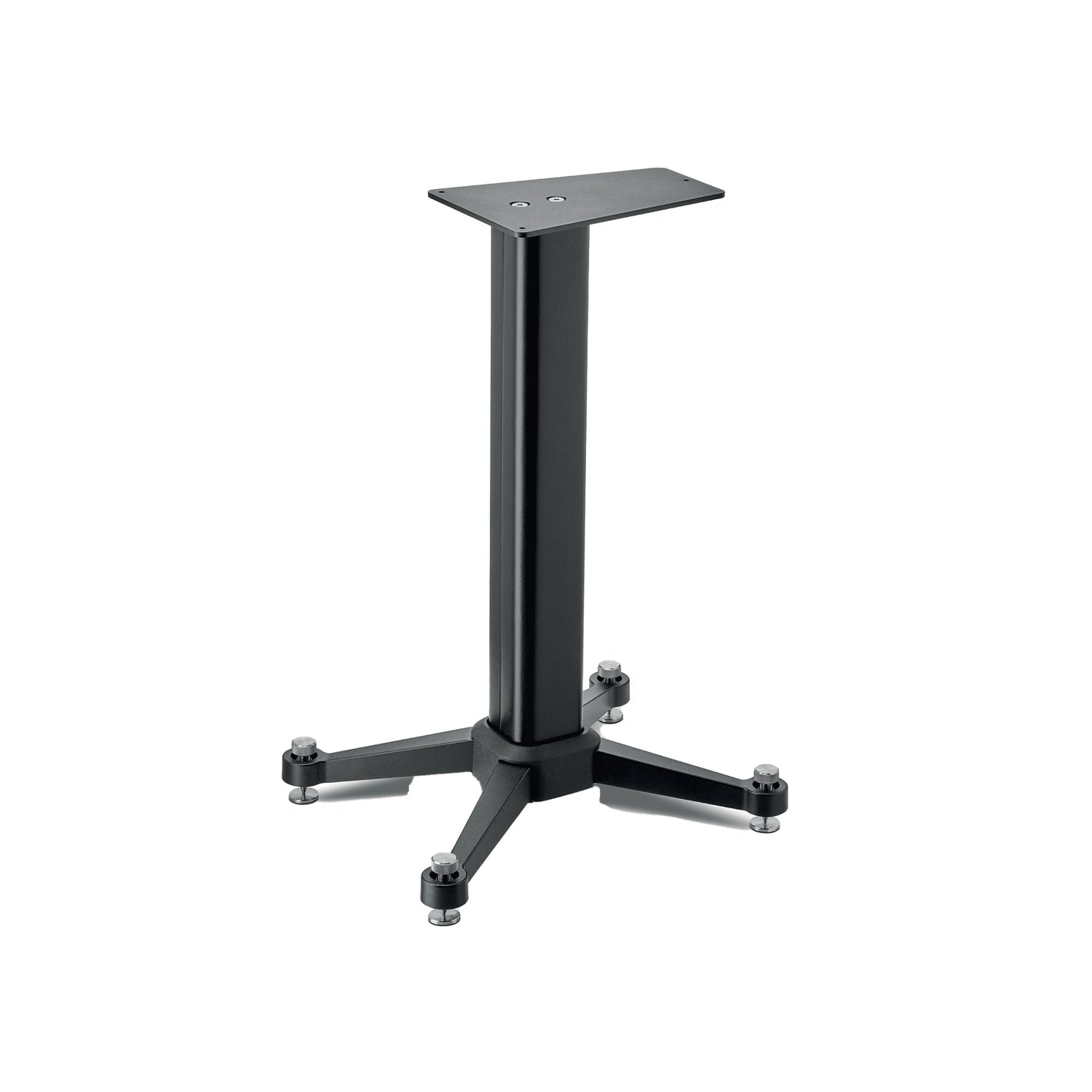 La Focal Kanta N°1 Stativ es una base de mesa pedestal de metal negro con una placa de montaje rectangular y cuatro patas, cada una de las cuales termina en un pie ajustable.