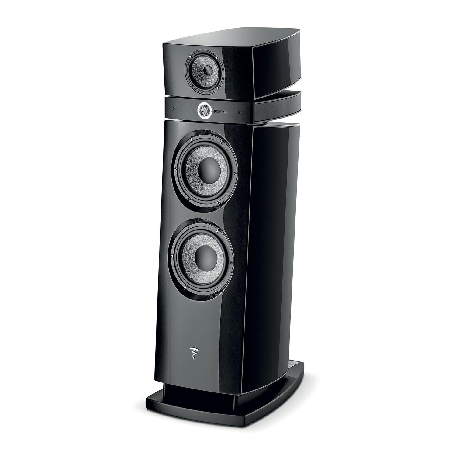 Die Focal Maestro Utopia Evo ist eine elegante schwarze 3-Wege-Standbox mit zwei großen Tieftönern, einem Mitteltöner und einem Beryllium-Hochtöner.
