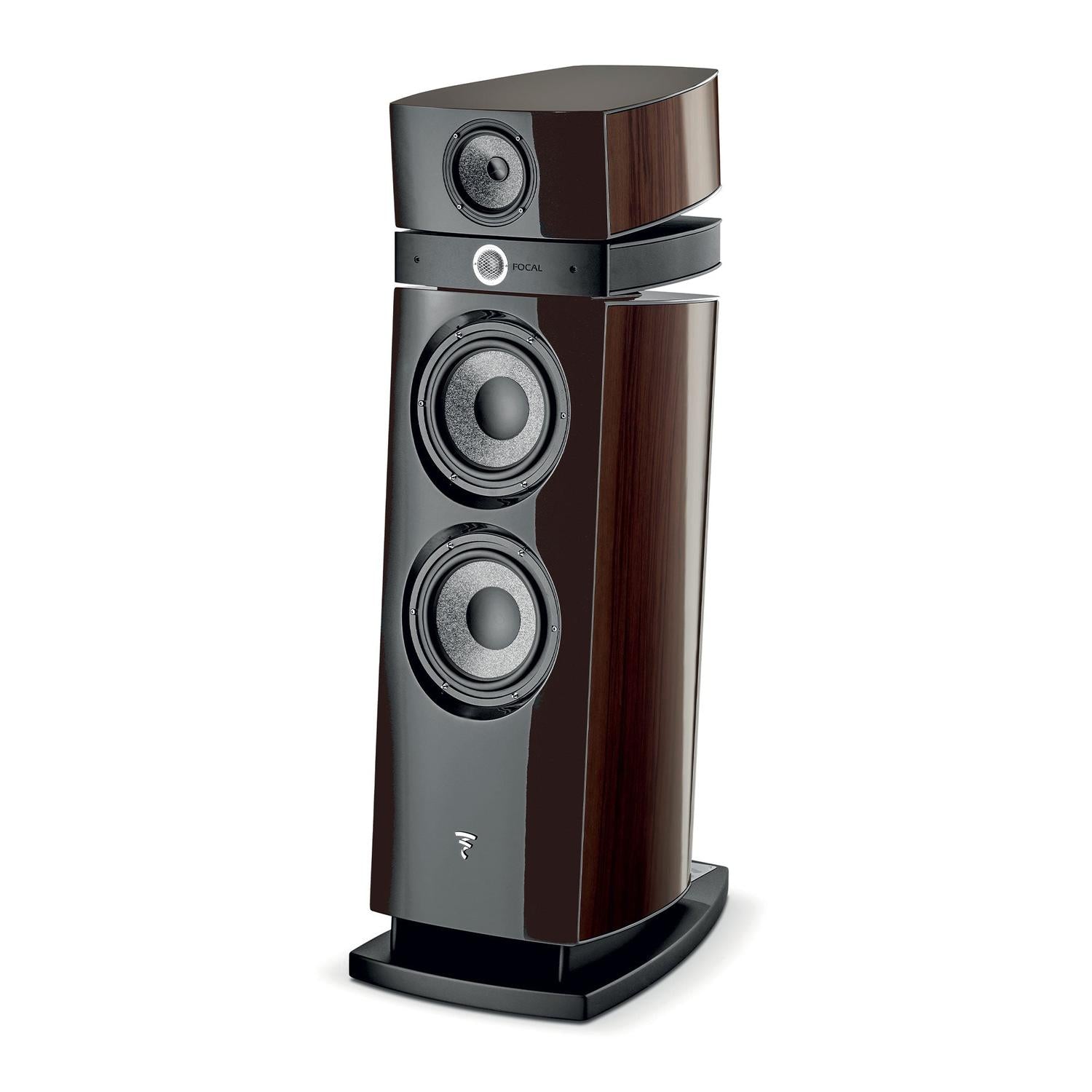 Die Focal Maestro Utopia Evo ist ein 3-Wege-Turmlautsprecher der Spitzenklasse mit einer glänzenden, dunklen Holzoberfläche, großen Tieftönern, einem Mitteltöner und einem Beryllium-Hochtöner auf der Vorderseite.