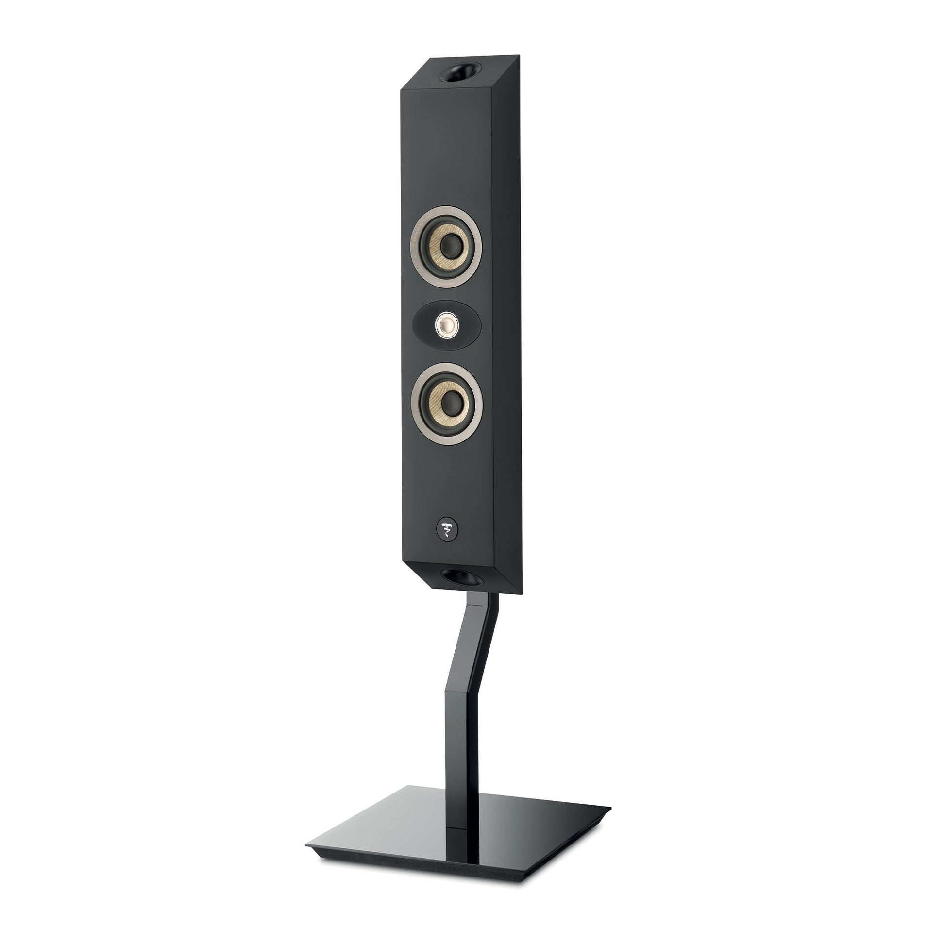 Une enceinte moderne rectangulaire noire avec trois haut-parleurs est montée verticalement sur un élégant pied Focal OnWall 300 Stativ à base carrée.