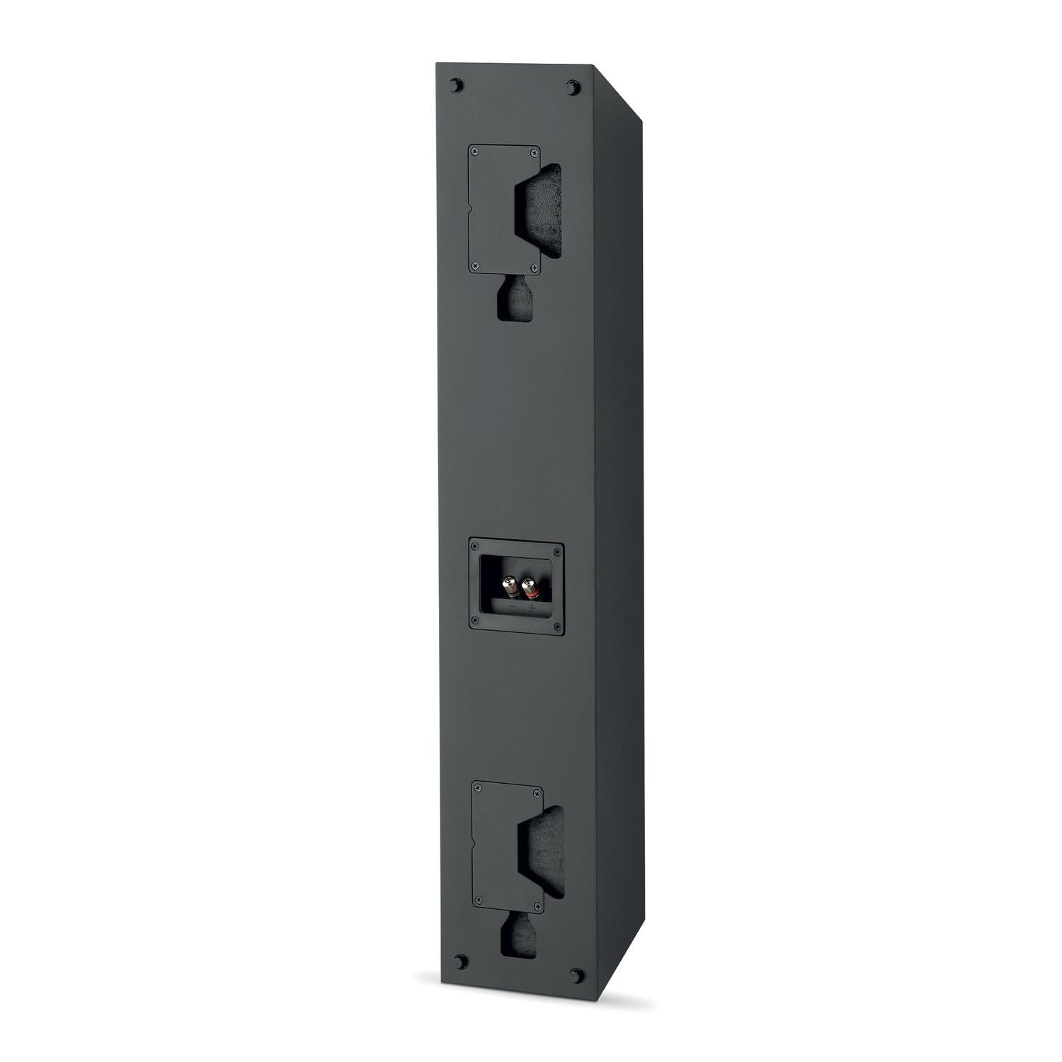 Altavoz Focal OnWall 301 negro, alto y rectangular, que se muestra por detrás con tres asas empotradas y un panel de conexiones: ideal para configuraciones de cine en casa.