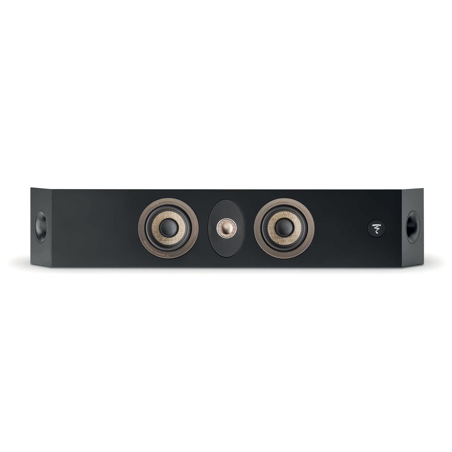 El Focal OnWall 301 es un altavoz rectangular negro con transductores redondos dobles, un tweeter central y un logotipo lateral, ideal para su configuración Heimkino.