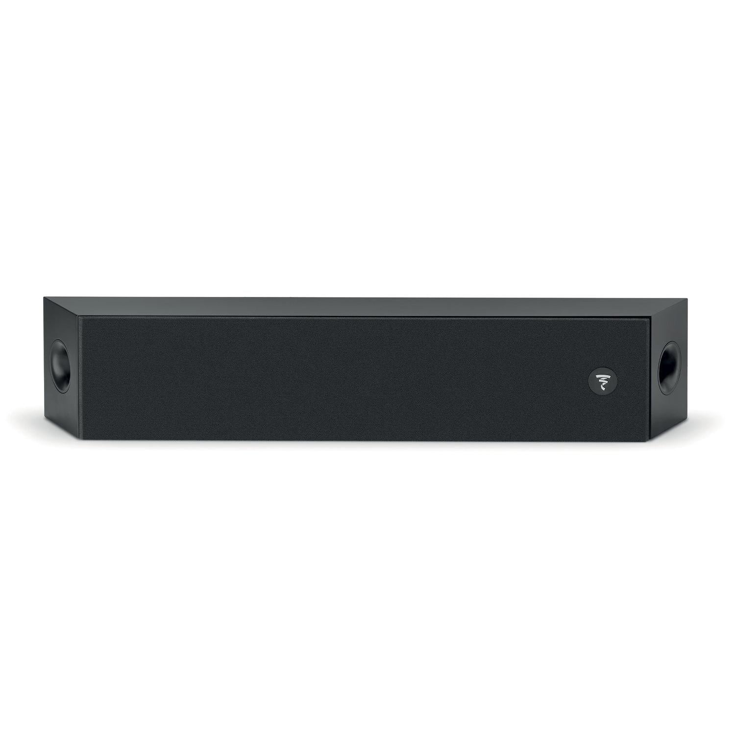 El Focal OnWall 301 es un altavoz de pared rectangular negro con un diseño minimalista, un pequeño logotipo en la parte frontal derecha y aberturas en los altavoces de los extremos, ideal para configuraciones Heimkino.