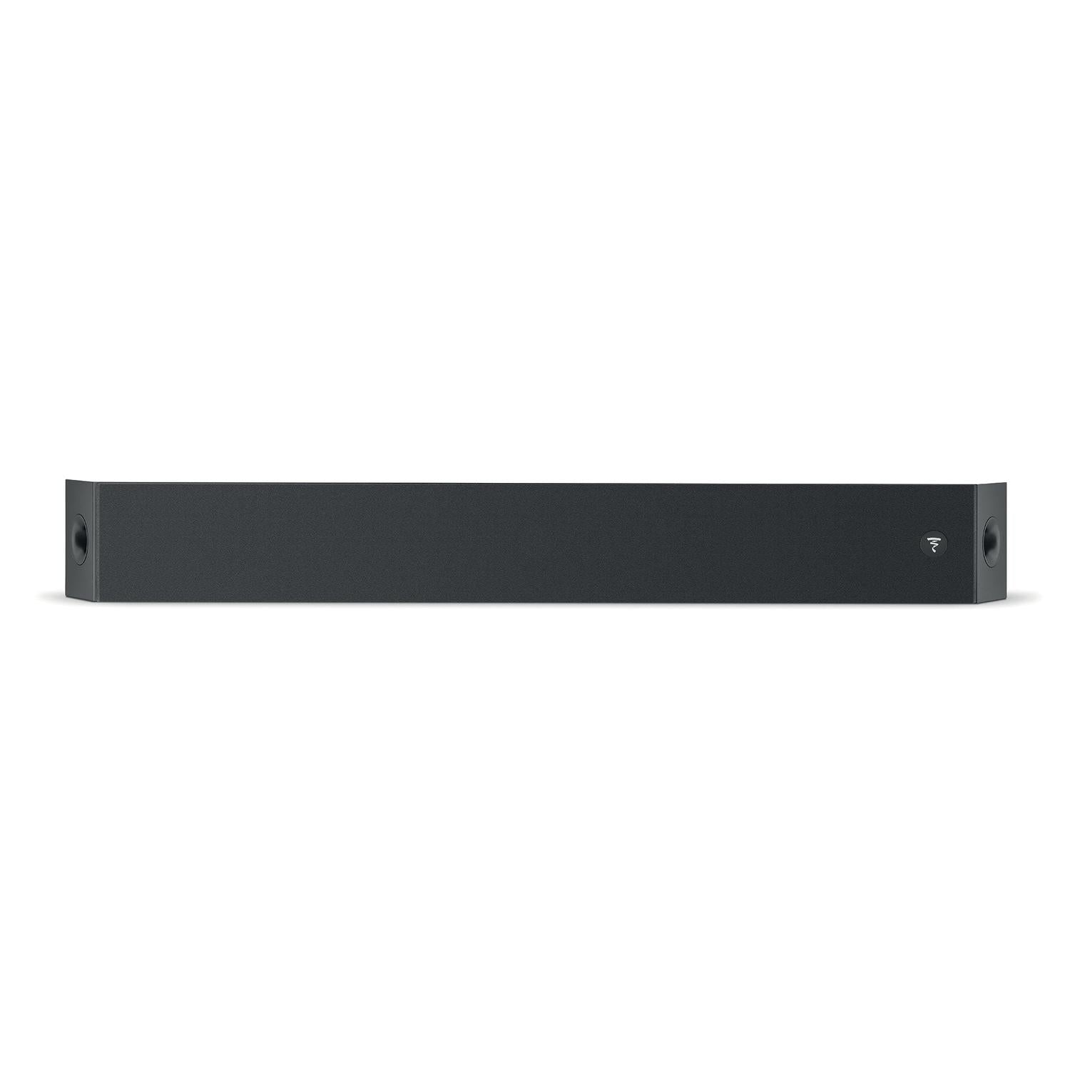 La Focal OnWall 302 es una barra de sonido rectangular negra con un diseño minimalista, rejillas en ambos extremos y un pequeño logotipo en la esquina frontal derecha.