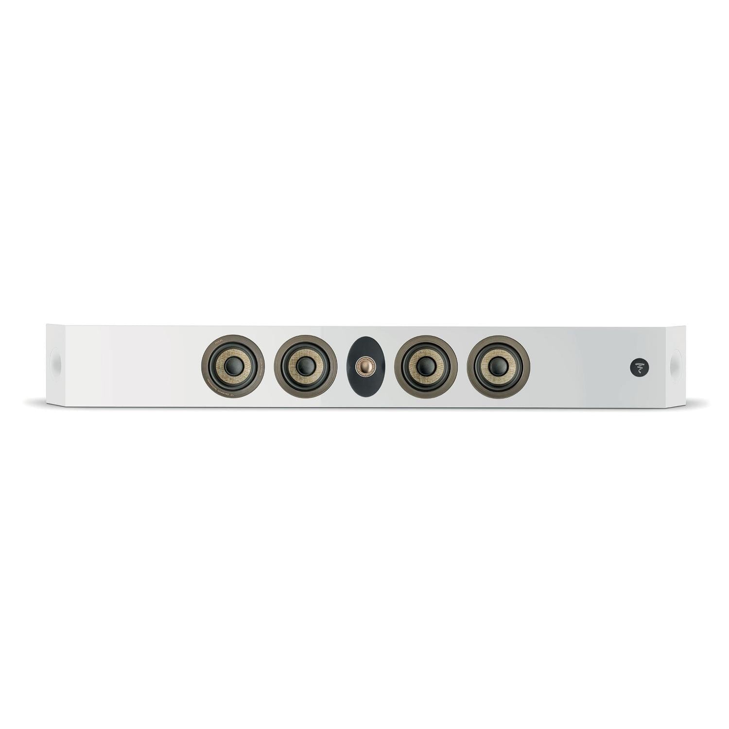 Un dispositivo Focal OnWall 302 blanco y rectangular con cinco puertos circulares y un pequeño botón de encendido negro en el panel frontal.