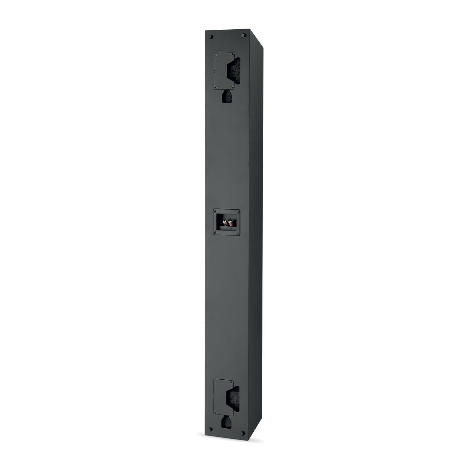 Una caja metálica negra, rectangular y alta con tres cortes frontales y pestillos, perfecta para alojar un altavoz Focal OnWall 302.