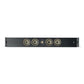 Una elegante barra de sonido negra Focal OnWall 302 con cinco Flax-Membranlautsprecher circulares y un pequeño logotipo en el lado derecho, vista de frente.