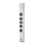 Der Focal OnWall 302 ist ein hoher, schlanker weißer Lautsprecher mit fünf vertikal angeordneten, kreisförmigen Treibern auf der Vorderseite, die vor einem schlichten weißen Hintergrund abgebildet sind.