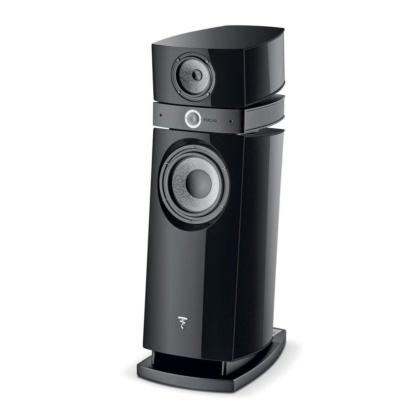El Focal Scala Utopia Evo es un elegante altavoz de suelo negro de 3 vías con un diseño moderno, transductores dobles visibles, tweeter de berilio y el logotipo de Focal cerca de la base.