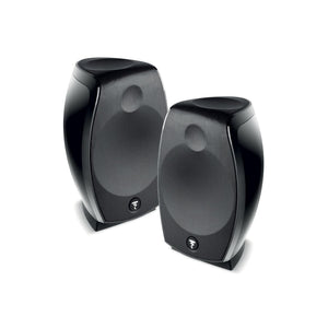 Two black, modern Focal Sib Evo Dolby Atmos 2.0 speakers with rounded edges face slightly outward on a white background.