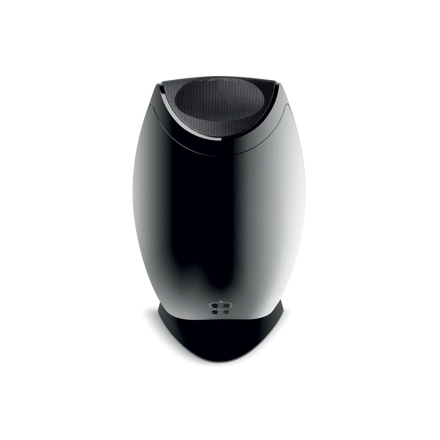 Il Focal Sib Evo Dolby Atmos 2.0 è un diffusore home cinema wireless, sottile, moderno, di colore nero, con un design curvo e una griglia frontale che viene visualizzata in verticale su uno sfondo bianco.