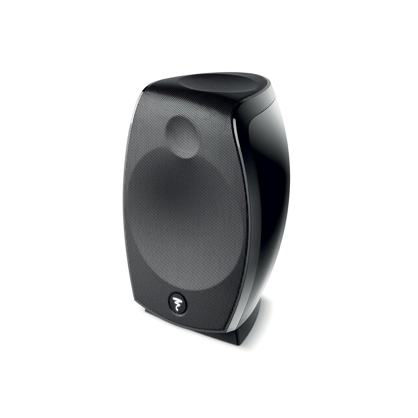 The Focal Sib Evo Dolby Atmos 2.0, a sleek black home cinema speaker with a curved design and mesh front, features a small logo near the base on a white background.
