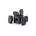 Un système denceintes noires Focal Sib Evo Dolby Atmos 5.1.2 avec cinq satellites et un caisson de basses central, le tout sur fond blanc.