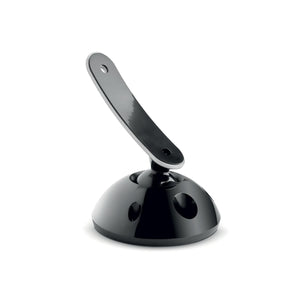 Un elegante tope magnético negro para puertas con brazo curvado y base de cúpula, inspirado en el diseño de los accesorios para altavoces EvoWallmount de Focal Sib.