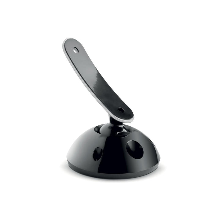 Un elegante fermaporta magnetico nero con braccio curvo e base a cupola, ispirato al design dellaccessorio per diffusori Focal Sib EvoWallmount.