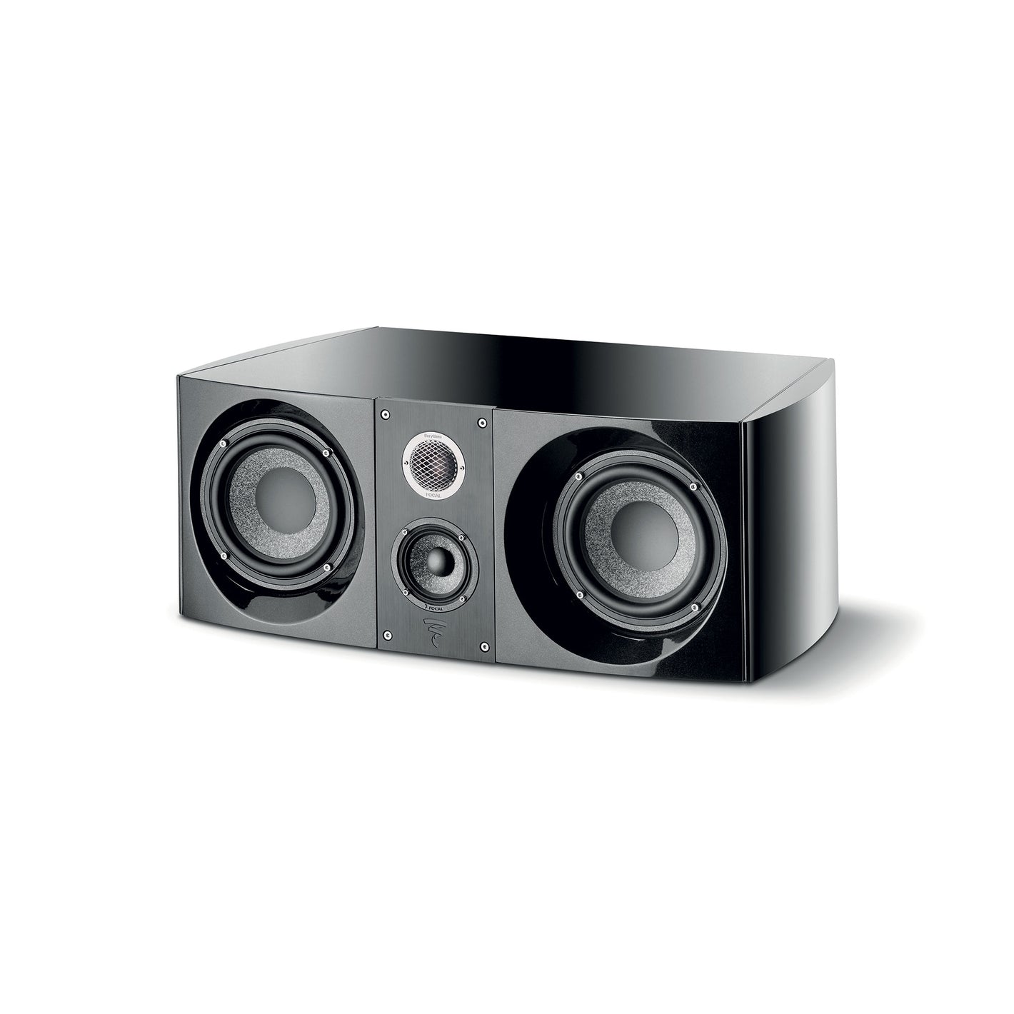 El Focal Sopra Center es un altavoz rectangular negro con woofers y tweeters duales en la parte frontal, ideal para disfrutar de una impresionante experiencia de cine en casa.