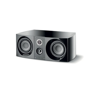 El Focal Sopra Center es un altavoz rectangular negro con woofers y tweeters duales en la parte frontal, ideal para disfrutar de una impresionante experiencia de cine en casa.