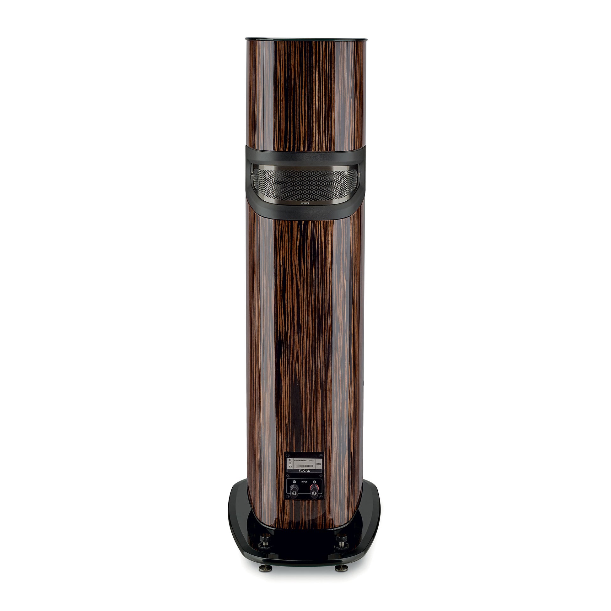 Der Focal Sopra N°2 ist ein hoher, zylindrischer Lautsprecher mit einer glänzenden, dunklen Holzoberfläche und einem schwarzen Gitter, der Hi-Fi-Sound auf einer eleganten, schwarzen Basis liefert.