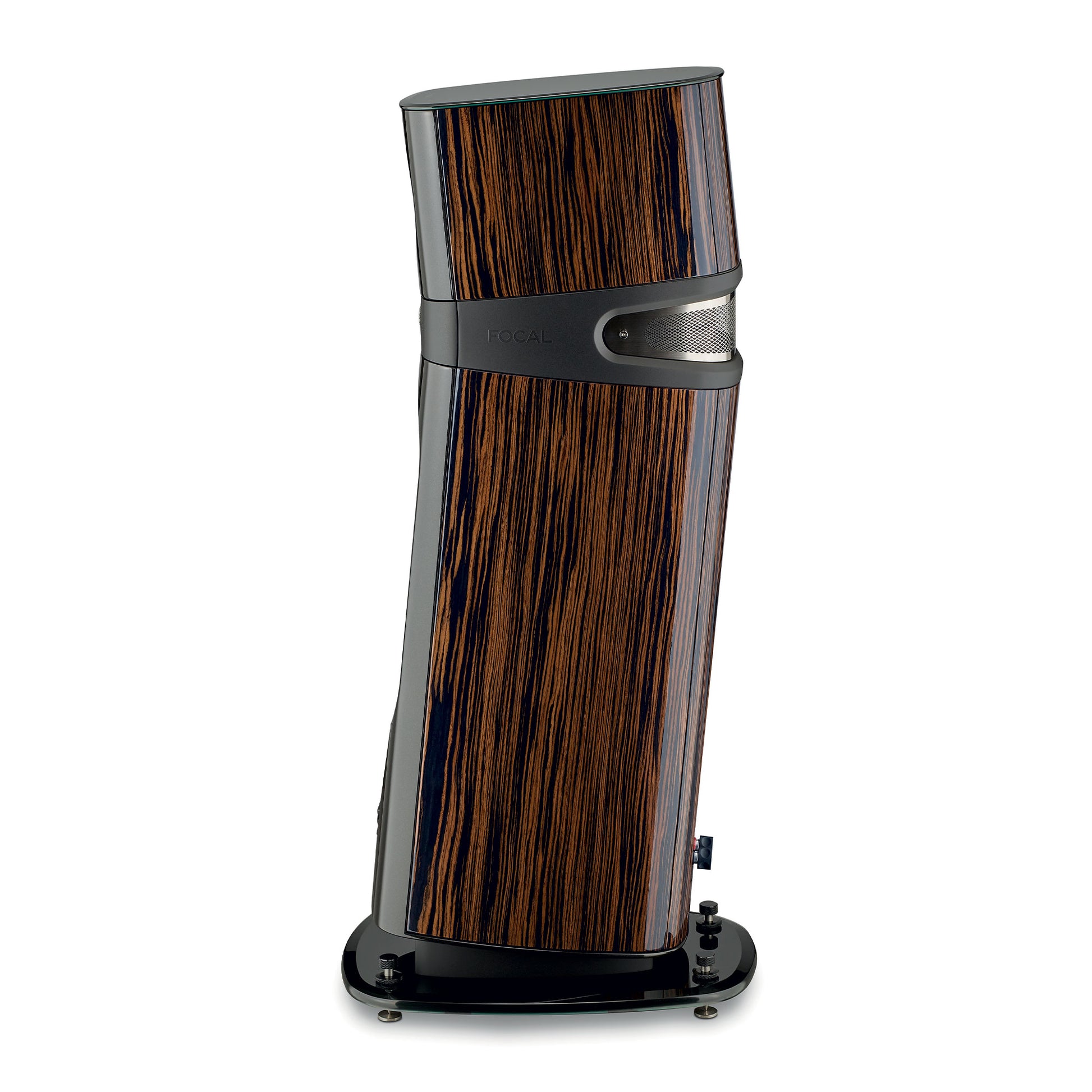 Die Focal Sopra N°2 zeichnet sich durch ein glänzendes dunkles Holzfinish, elegante schwarze Akzente und ein modernes, geschwungenes Design auf einem stabilen schwarzen Sockel für exquisiten Hi-Fi-Sound aus.