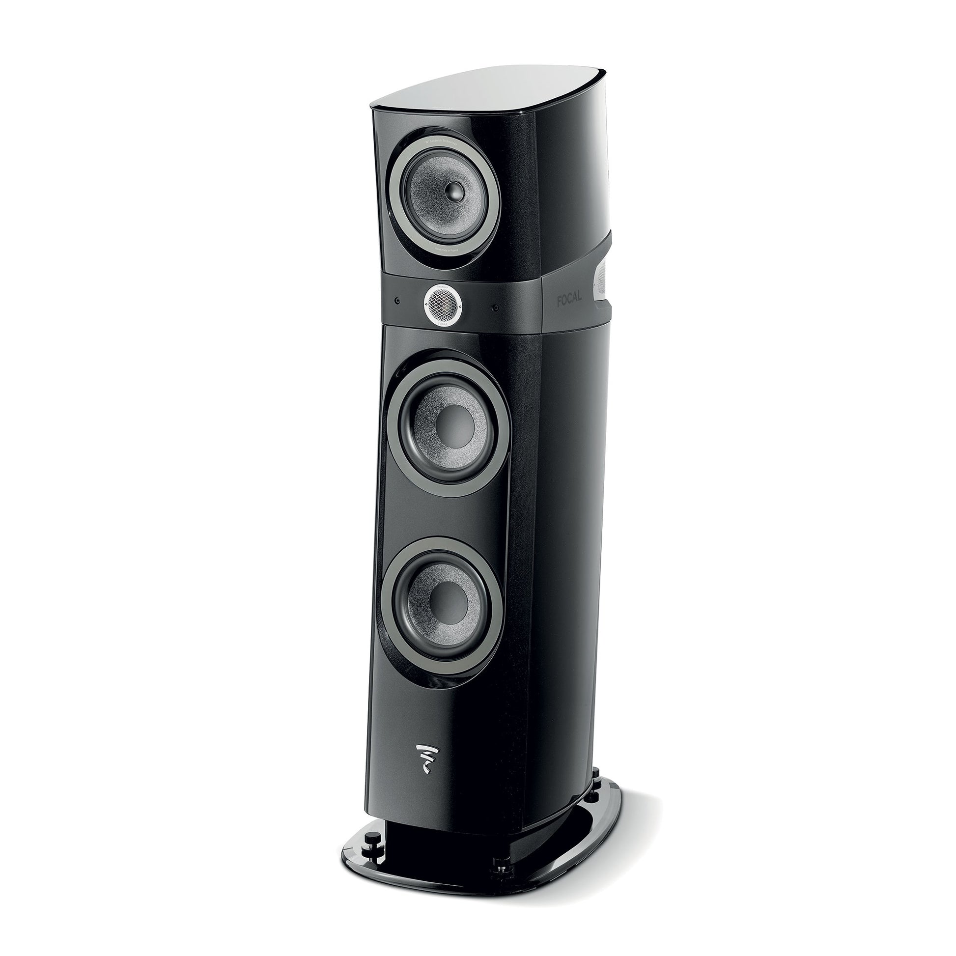 El Focal Sopra N°2 es un altavoz alto y negro con cuatro transductores circulares y un acabado brillante que ofrece un sonido de alta fidelidad de primera clase en su zócalo a juego.