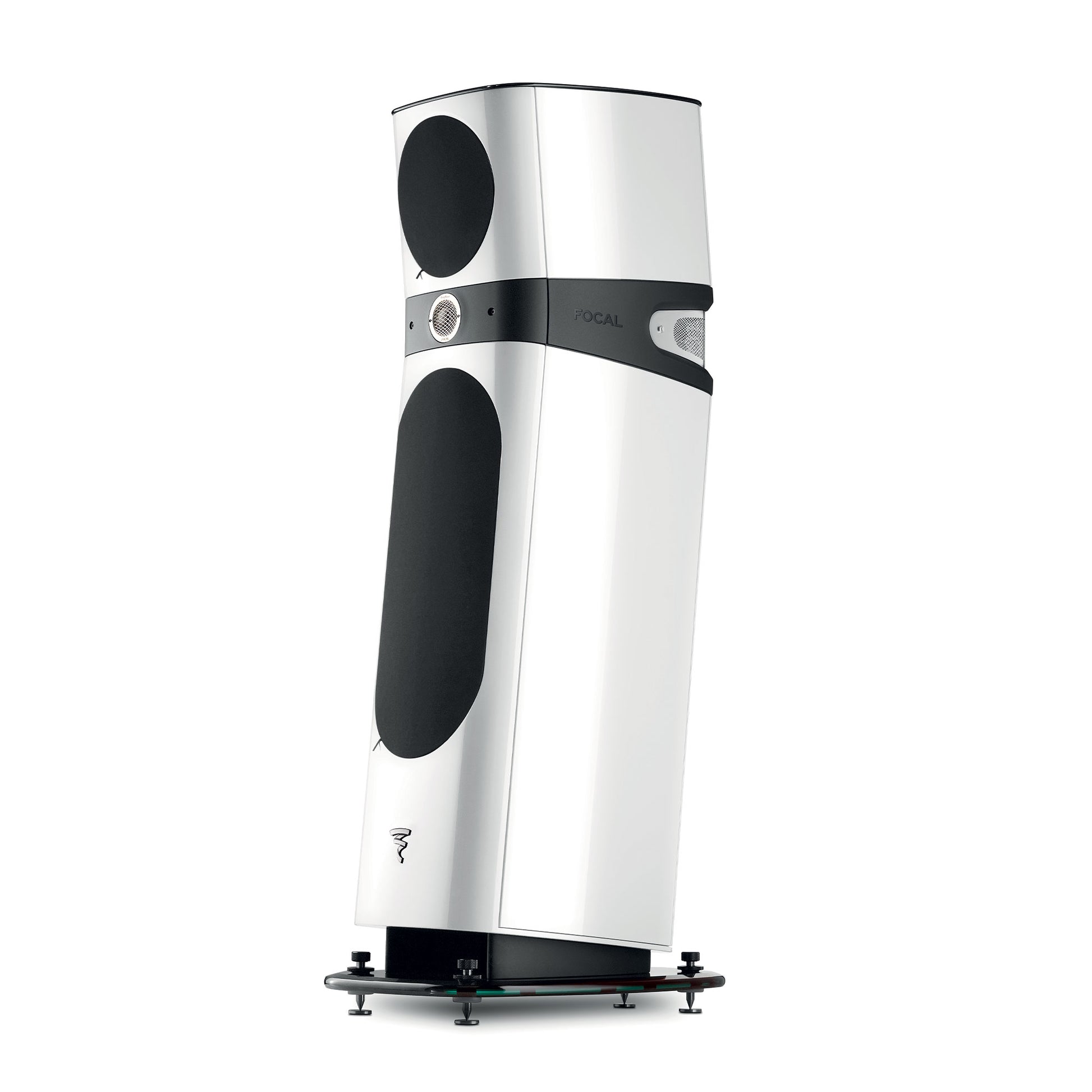 Die Focal Sopra N°2 ist ein hoher, moderner, weißer 3-Wege-Standlautsprecher mit schwarzen Gittern, silbernen Akzenten und einem stabilen Standfuß für stabilen Hi-Fi-Sound.