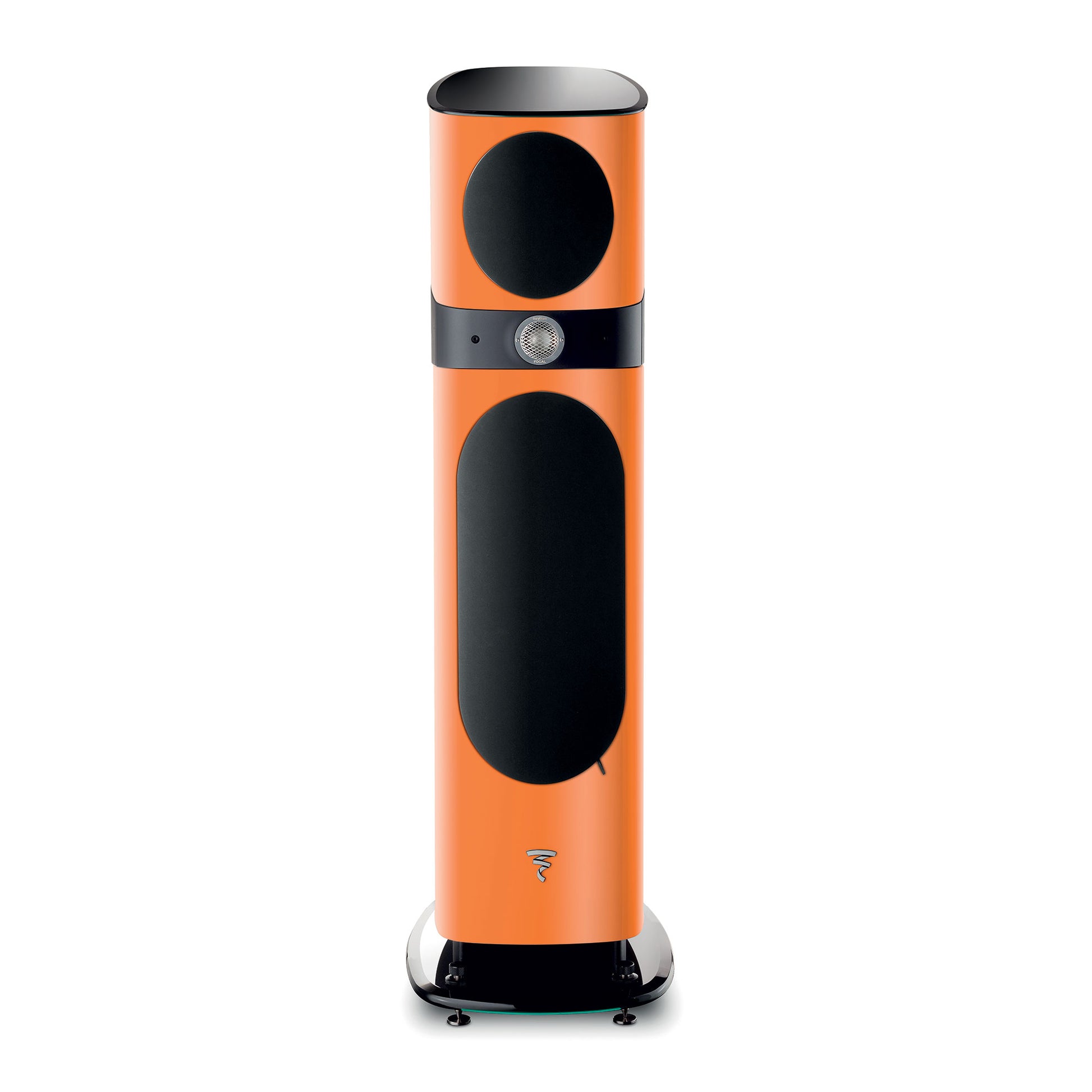 Die Focal Sopra N°2 ist ein hoher, orangefarbener 3-Wege-Standlautsprecher mit schwarzen, runden und ovalen Abdeckungen sowie einer zentralen Steuerung oder einem Sensor für Hi-Fi-Sound.