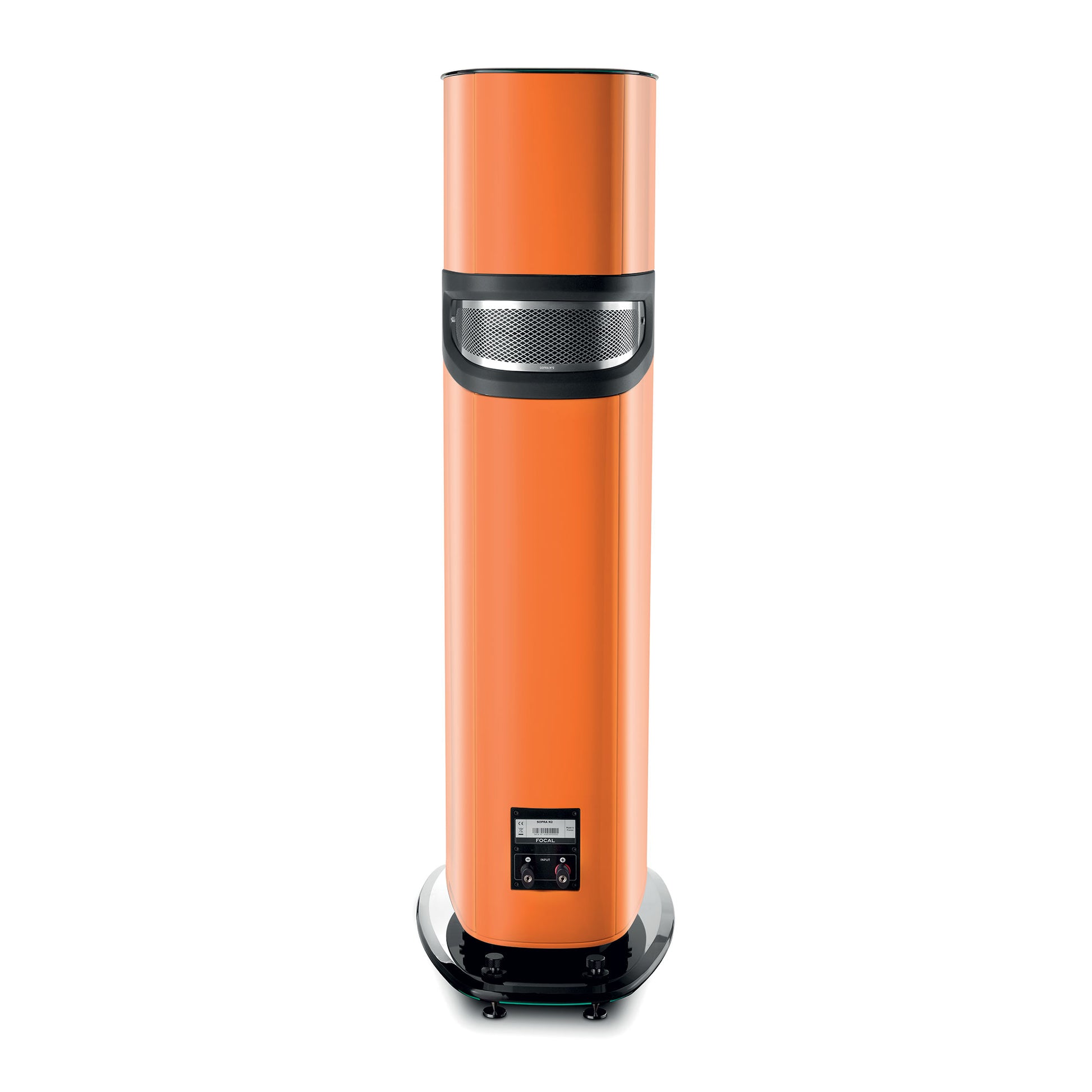 Hoher, zylindrischer, orangefarbener Focal Sopra N°2-Luftreiniger mit schwarzem Sockel, Lüftungsgitter und einem kleinen digitalen Bedienfeld mit Hi-Fi-Effekt.