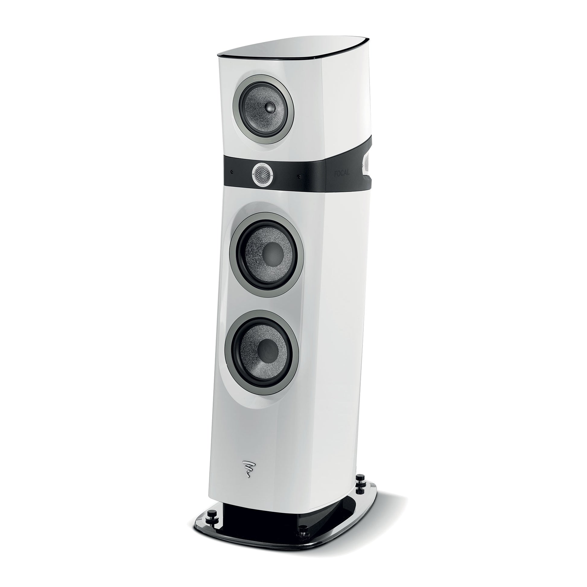 Die Focal Sopra N°3 ist ein eleganter weißer 3-Wege-Standlautsprecher mit schwarzen und grauen Treibern, einem zentralen Drehknopf und einem glänzend geschwungenen Design auf einer rechteckigen Basis.