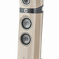Die Focal Sopra N°3 ist ein moderner 3-Wege-Standlautsprecher mit glänzender beiger Front, drei großen runden Treibern und Holzseitenteilen auf einem silbernen Sockel.