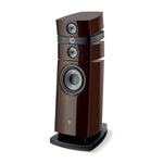 Die Focal Stella Utopia EM Evo ist ein hochwertiger 3-Wege-Standlautsprecher mit dunkelbraunem Hochglanz-Finish, drei sichtbaren Treibern und einer rechteckigen schwarzen Basis.