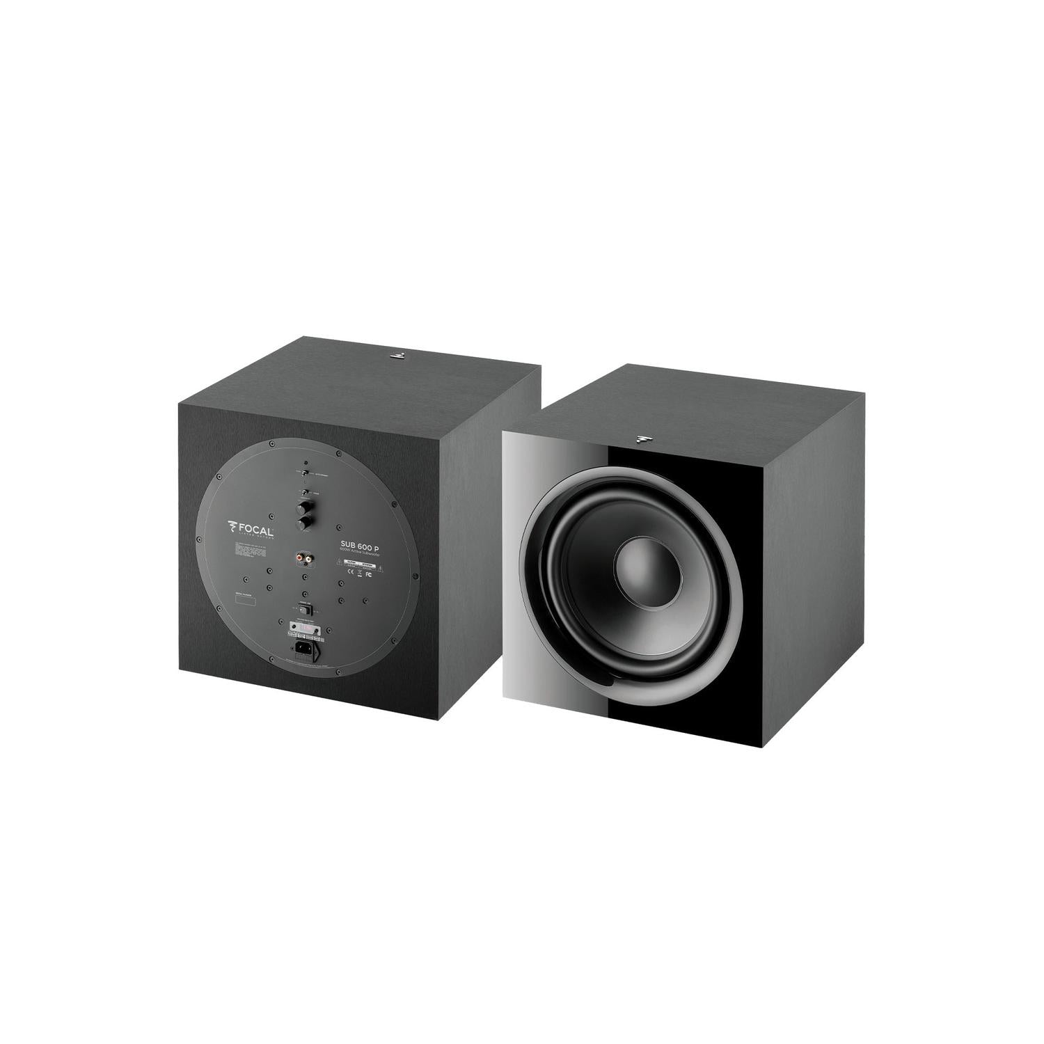Two black Focal Sub 600 P cube subwoofers: one displays the speaker cone, the other shows the rear 600-watt amplifier and input ports.