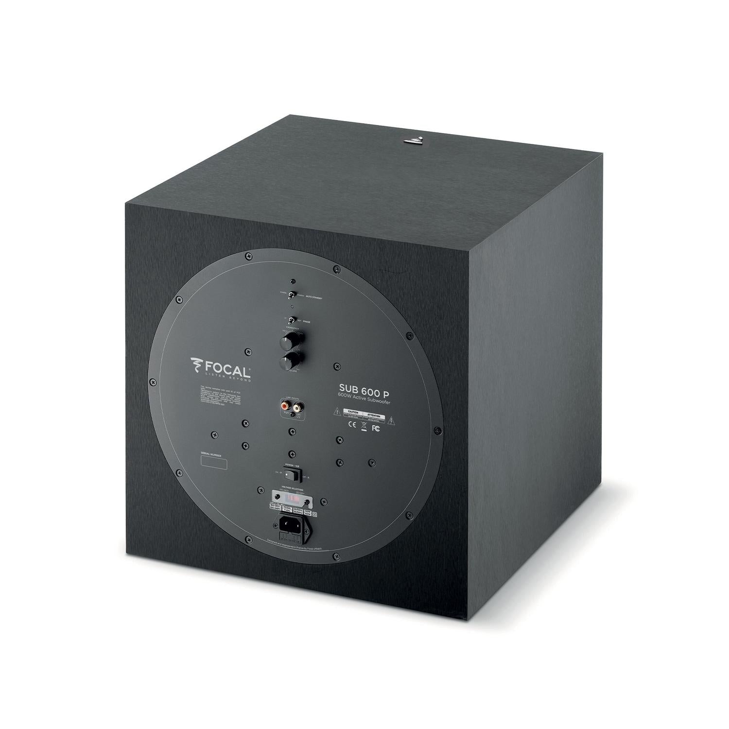 A Focal Sub 600 P black subwoofer is angled to show its rear panel, featuring audio inputs, controls, and a closed-box design.