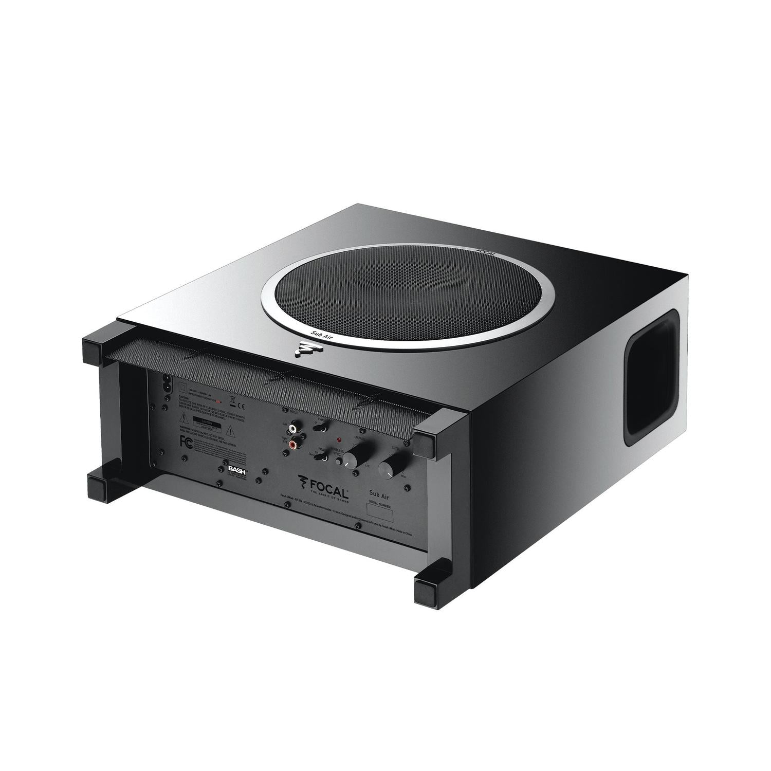 The Focal Sub Air is a black, rectangular subwoofer with powerful bass, a top-facing speaker, rear control panel, and side vent for audio systems.