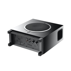 The Focal Sub Air is a black, rectangular subwoofer with powerful bass, a top-facing speaker, rear control panel, and side vent for audio systems.