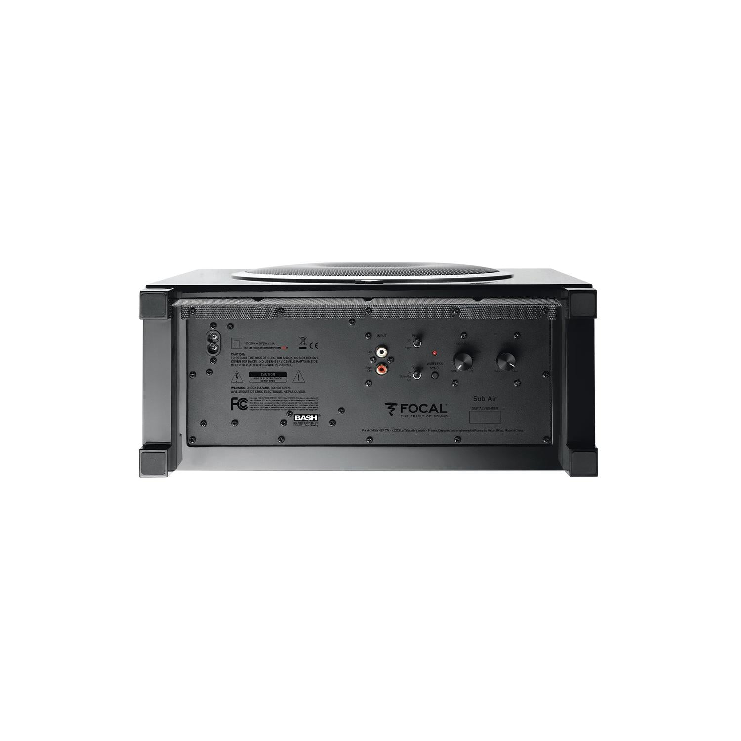 Rear view of the Focal Sub Air wireless active subwoofer showing input/output ports, adjustment knobs, and labels for powerful bass on a white background.