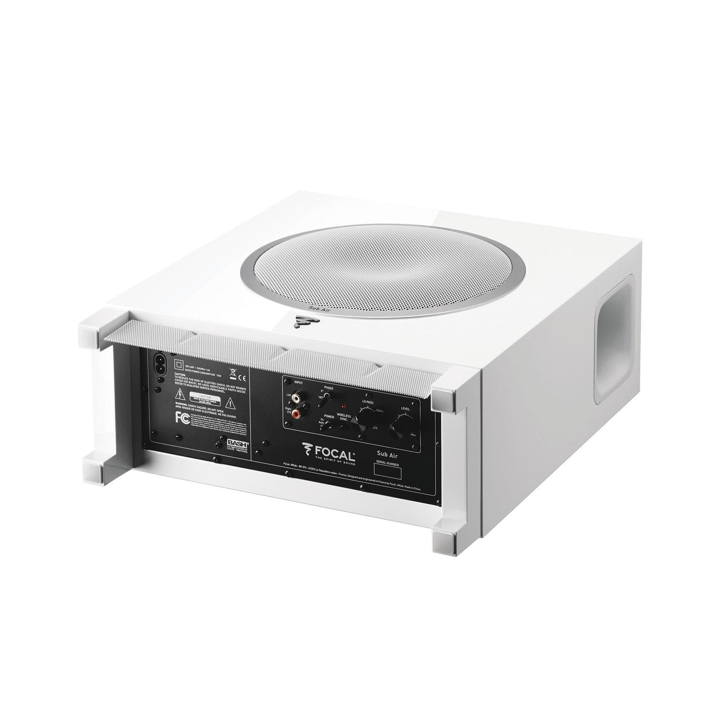 The Focal Sub Air wireless active subwoofer features front controls, side vents, a top grille, and offers kraftvolle Basswiedergabe.