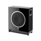 Der kabellose Aktiv-Subwoofer Focal Sub Air zeichnet sich durch ein elegantes schwarzes Design mit einem großen runden Gitter, einem silbernen Akzentring und einer seitlichen Belüftungsöffnung aus und liefert kraftvolle Bässe.