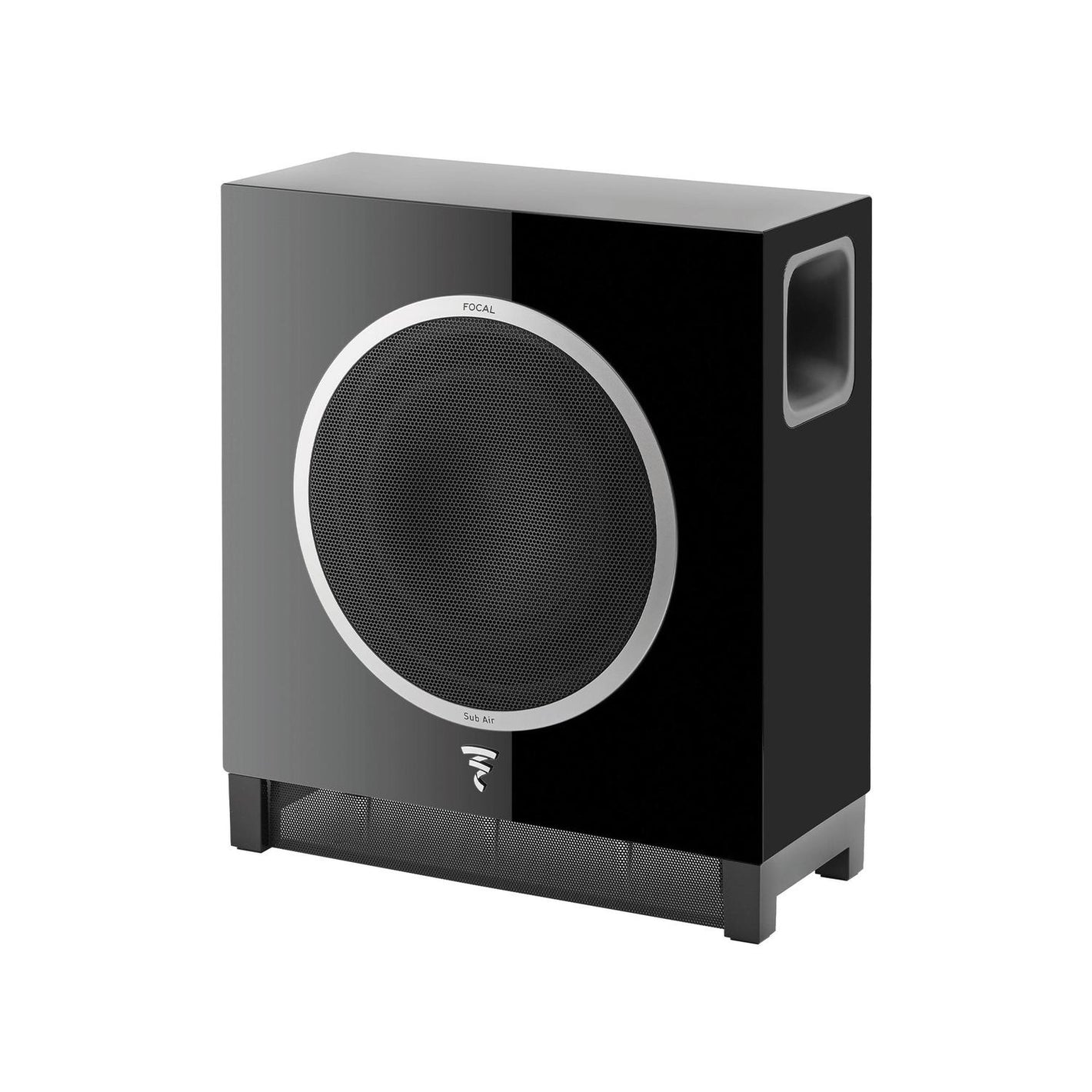 The Focal Sub Air wireless active subwoofer features a sleek black design with a large circular grille, silver accent ring, side air vent, and delivers powerful bass.