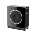 The Focal Sub Air wireless active subwoofer features a sleek black design with a large circular grille, silver accent ring, side air vent, and delivers powerful bass.