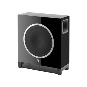 The Focal Sub Air wireless active subwoofer features a sleek black design with a large circular grille, silver accent ring, side air vent, and delivers powerful bass.