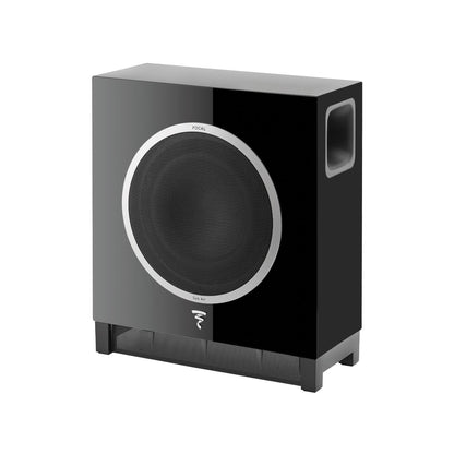 The Focal Sub Air wireless active subwoofer features a sleek black design with a large circular grille, silver accent ring, side air vent, and delivers powerful bass.
