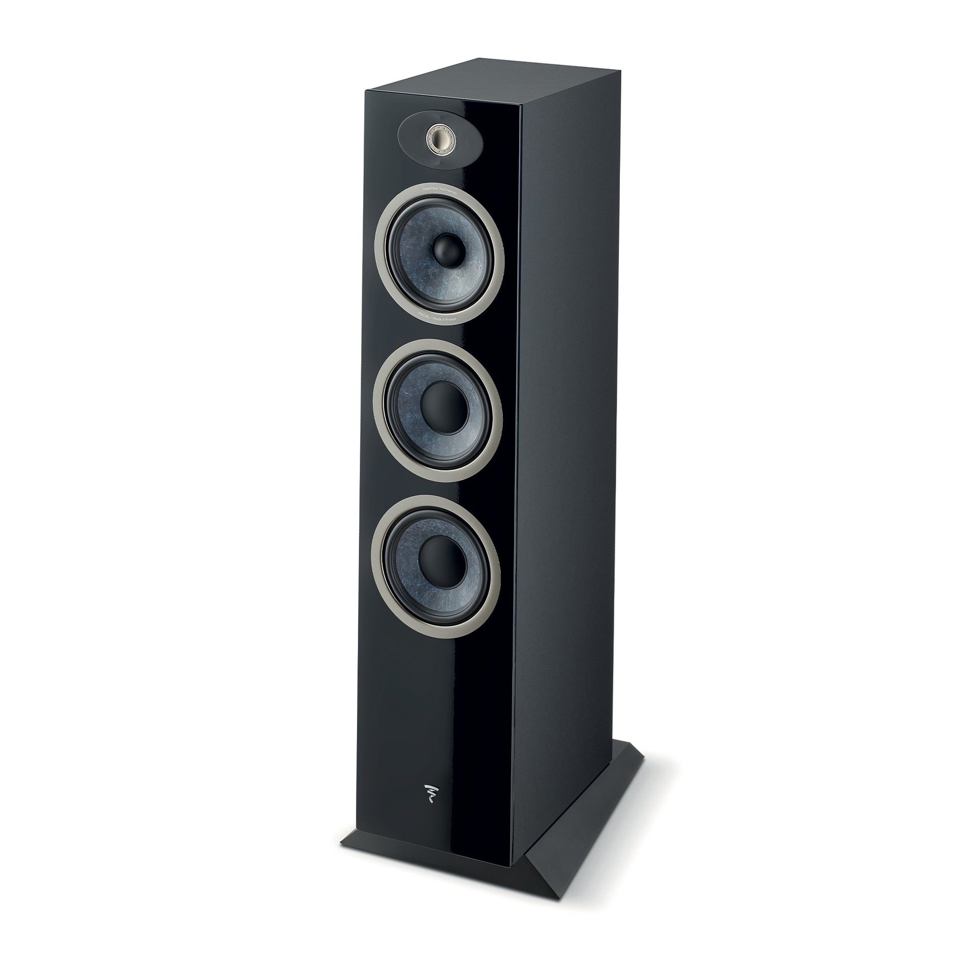 Die Focal Theva N°3 ist ein schwarzer Standlautsprecher mit drei großen Treibern und einem Hochtöner, der sich aufgrund seiner breiten Basis ideal als Heimkino-Lautsprecher eignet.