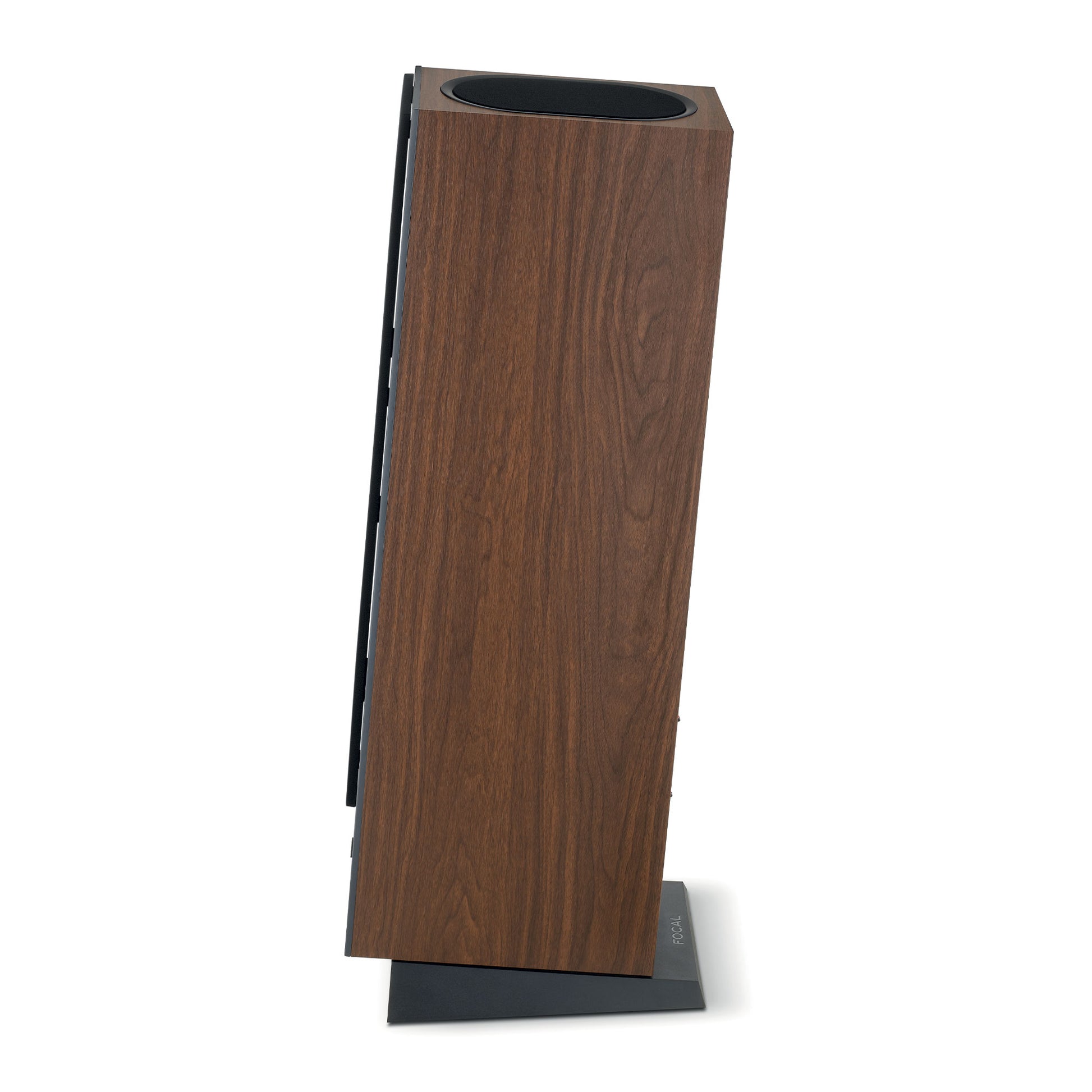 Theva N°3-D di Focal è un diffusore rettangolare alto a 3 seggi con impiallacciatura in legno e base nera per Heimkino, visto di lato.